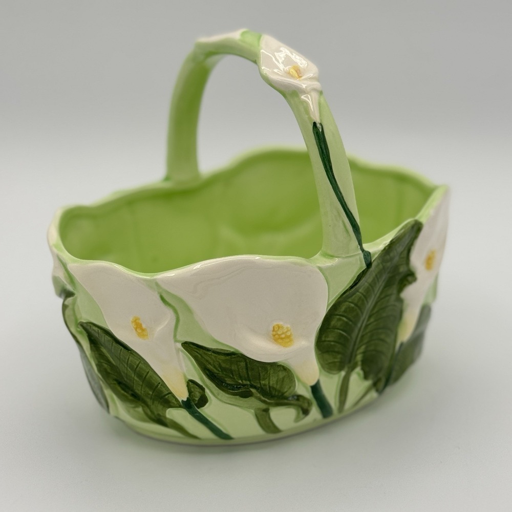 Vintage Calla Lily Ceramic Basket Planter Candy Dish Floral Hand Painted